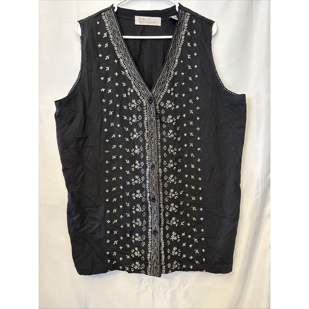 Vintage Karen Scott Women's Black 100% Cotton Embroidered‎ Vest Boho Gypsy L